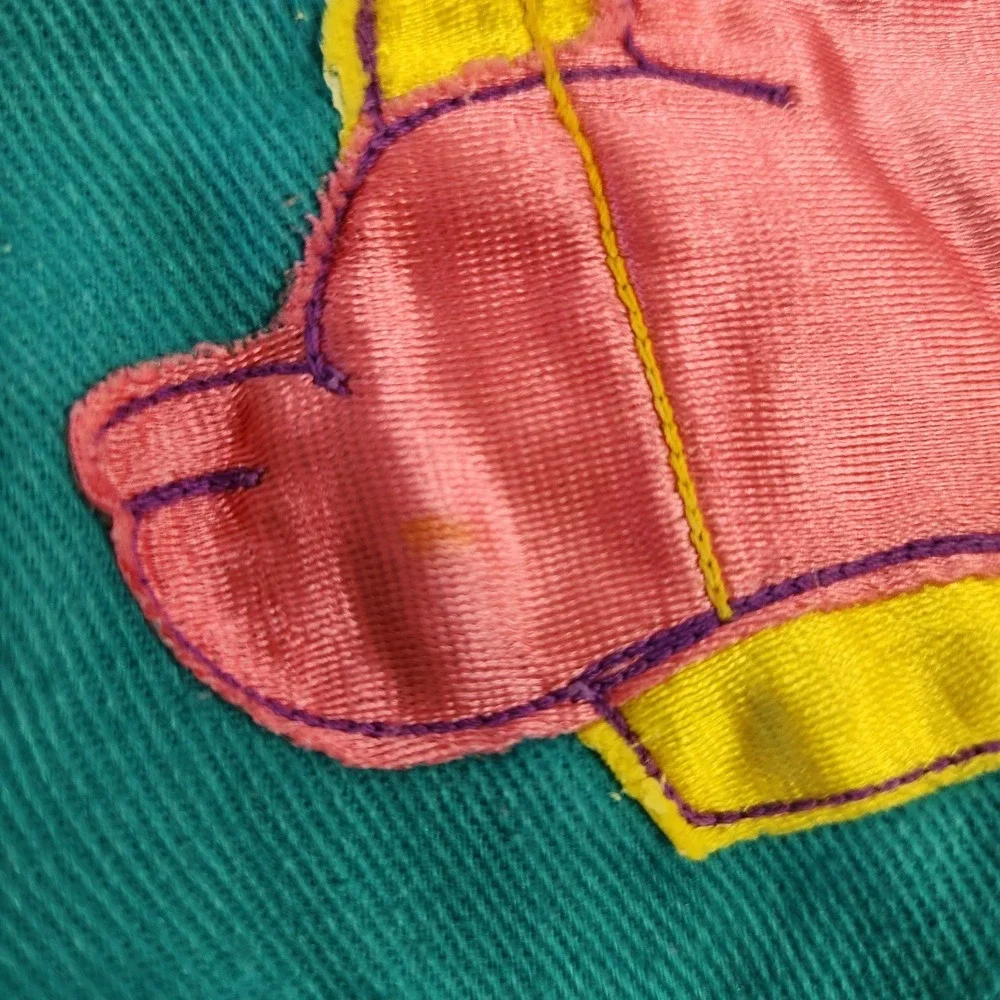 Vintage 80s Krazy Kritters Overalls Girls Size 2 Dinosaur Applique Teal Pink USA